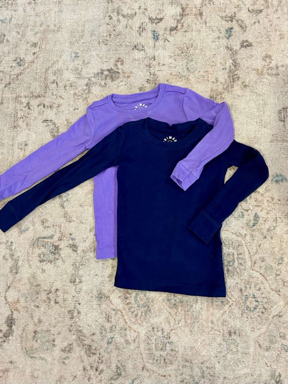 Primary long sleeve pajama tops, purple and navy blue
